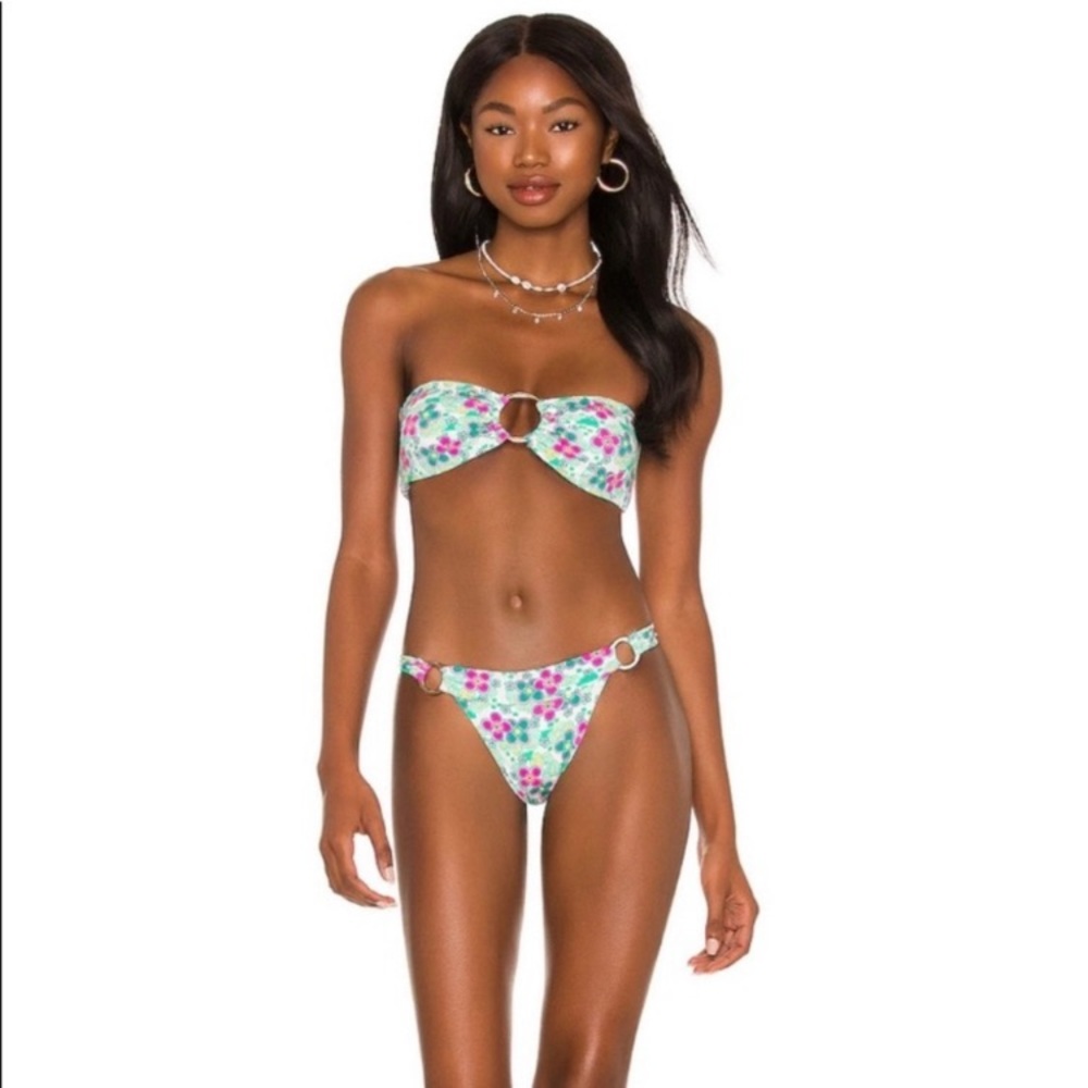 Frankie's Bikinis White Floral Ring-Detail Bandeau Bikini
